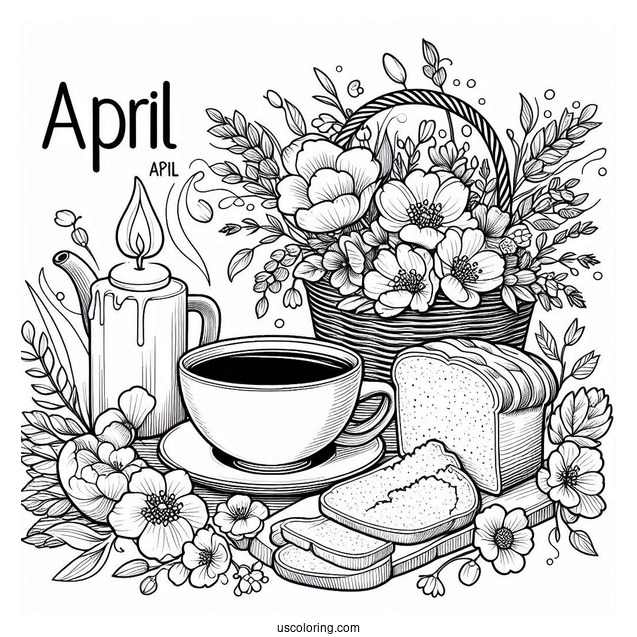 Calm April Coloring Page Morning With Tea, Bread And Flowers