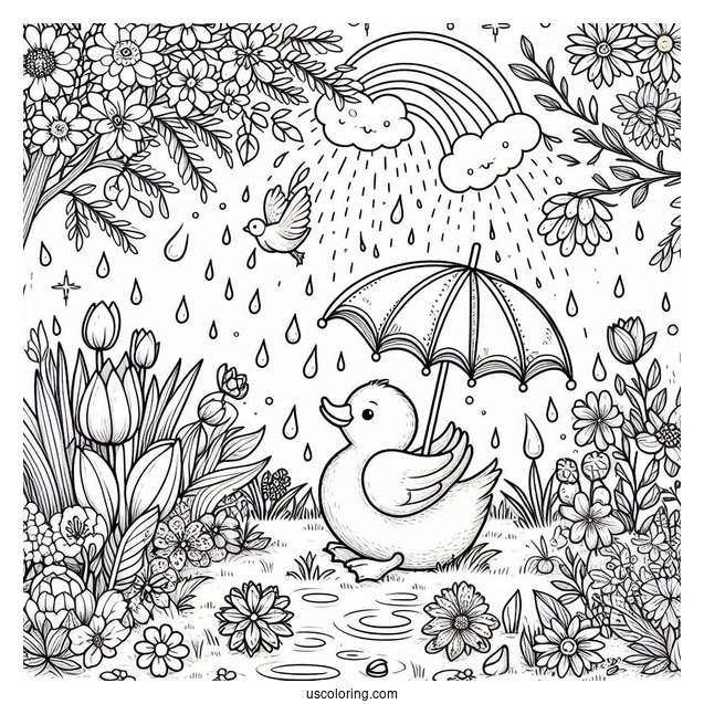 April Coloring Page Showers Bring May Flowers With Duck Playing