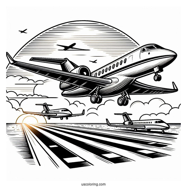 Private Jet Taking Off From Runway Coloring Page