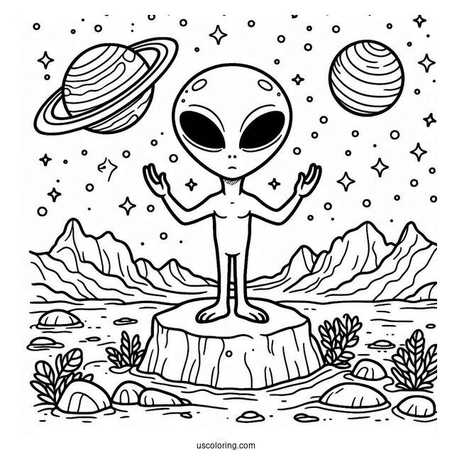 Coloring Page Of Alien On Faraway Planet
