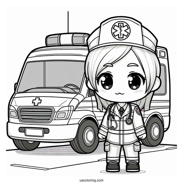 Chibi Paramedic Standing Beside An Ambulance Coloring Page