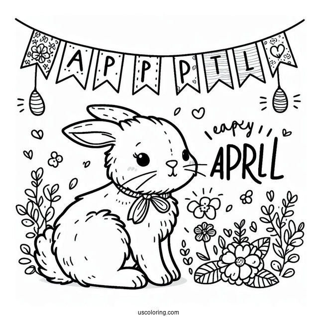 Easy Bunny With An April Coloring Page Banner For Preschoolers