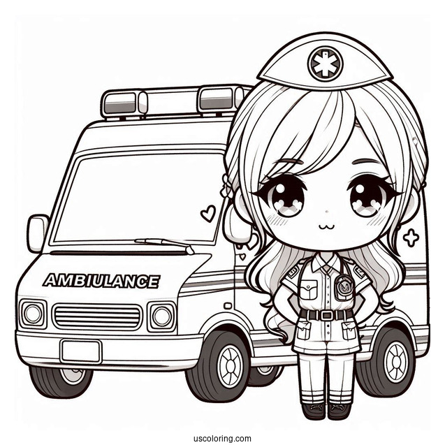 Chibi Paramedic Standing Beside An Ambulance Coloring Page
