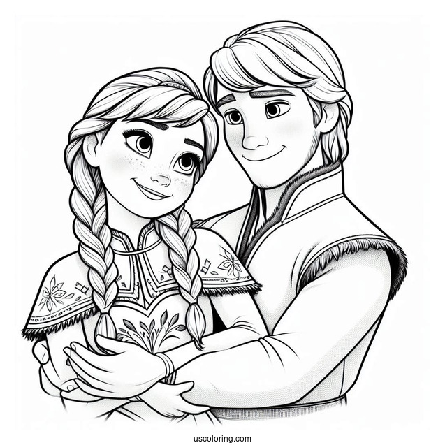 Anna And Kristoff Holding Each Other Coloring Sheet