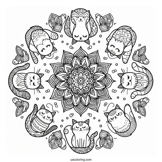 Cats Surrounding A Simple Animal Mandala Coloring Page For Kids