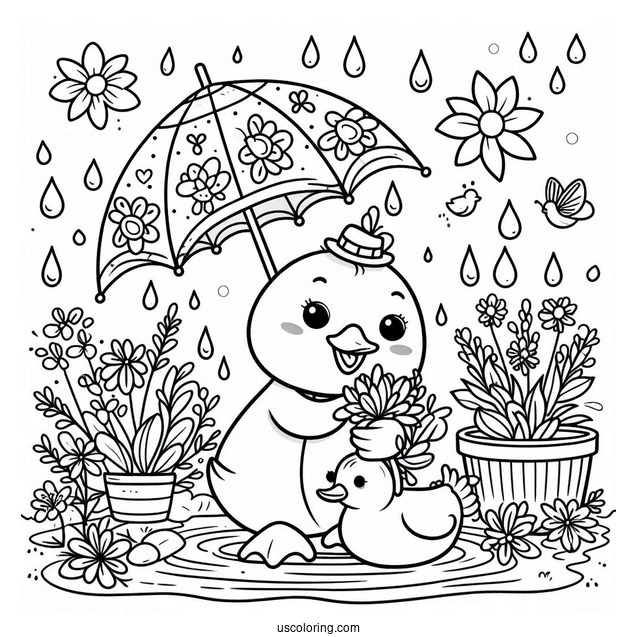 April Coloring Page Showers Bring May Flowers With Duck Playing