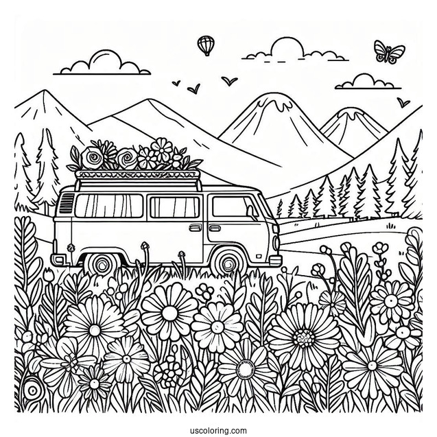 April Coloring Page Adventure Await Campervan In A Flower Field
