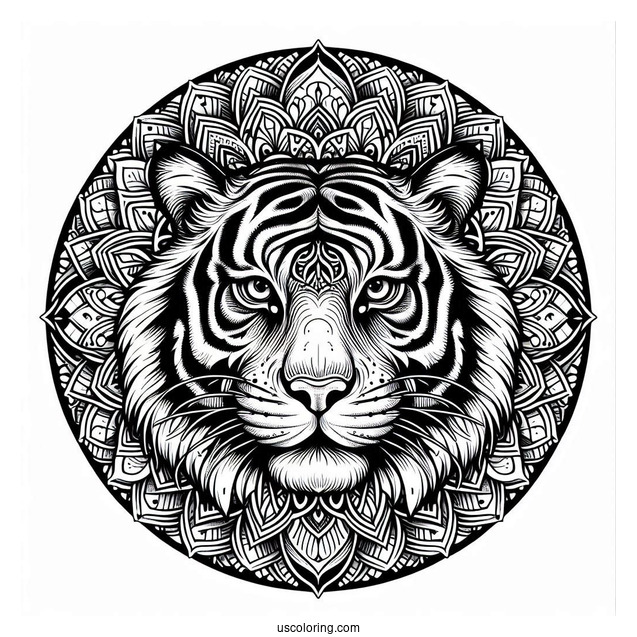 Realistic Tiger Head Inside An Animal Mandala Coloring Page