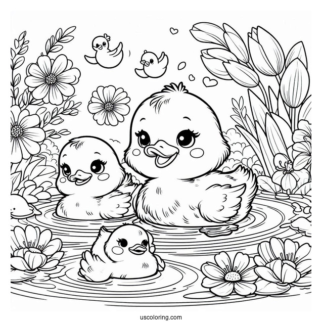 Ducklings Swimming In A Pond In April Coloring Page For Kids