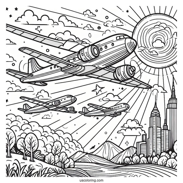Three Plans Flying Together Coloring Picture