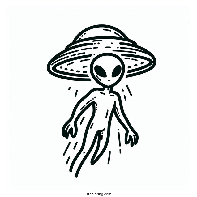 Simple Outline Of Grey Alien With UFO