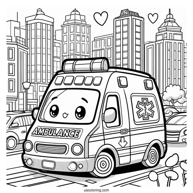 Cartoon Ambulance Coloring Page In The City For Kids
