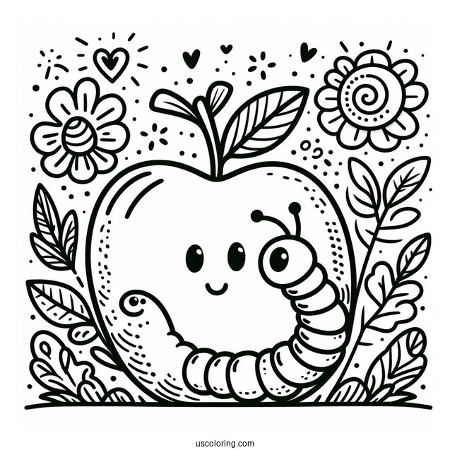Easy Outline Of Apple With Worm For Preschoolers