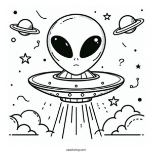 Simple Outline Of Grey Alien With UFO