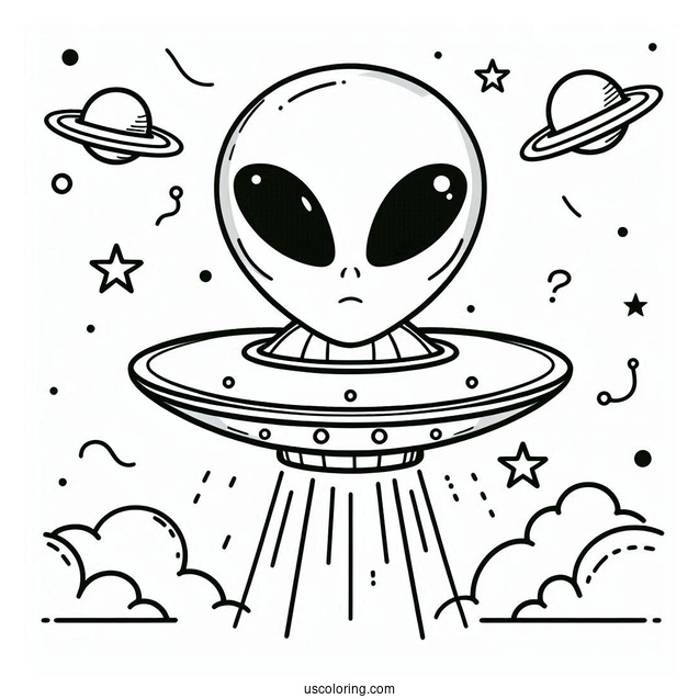 Simple Outline Of Grey Alien With UFO