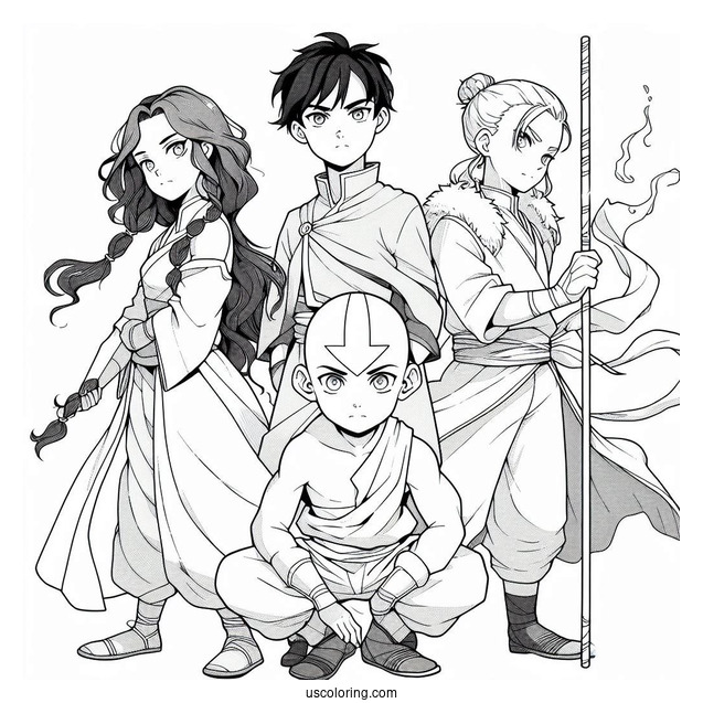 Avatar Aang, Katara, And Sokka Coloring Sheet