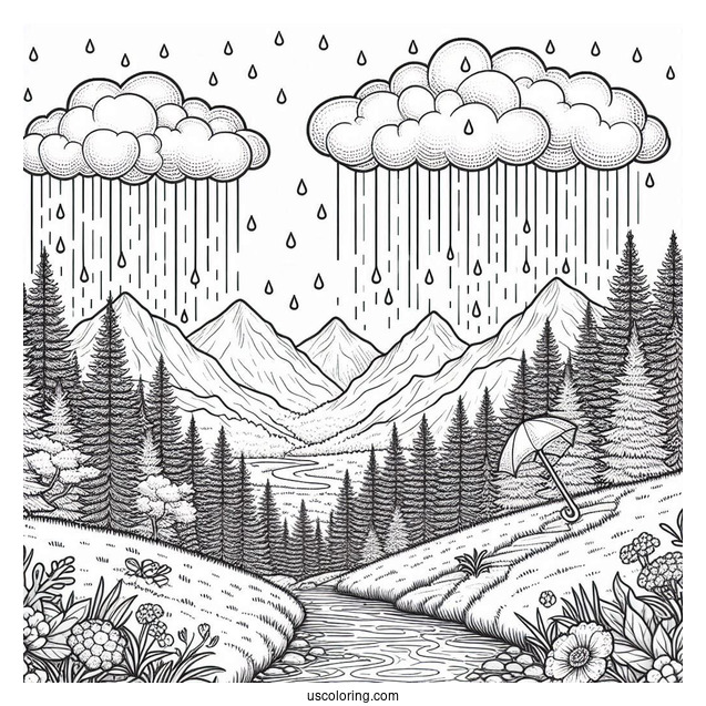 April Coloring Page Showers Over Mountain Landscape