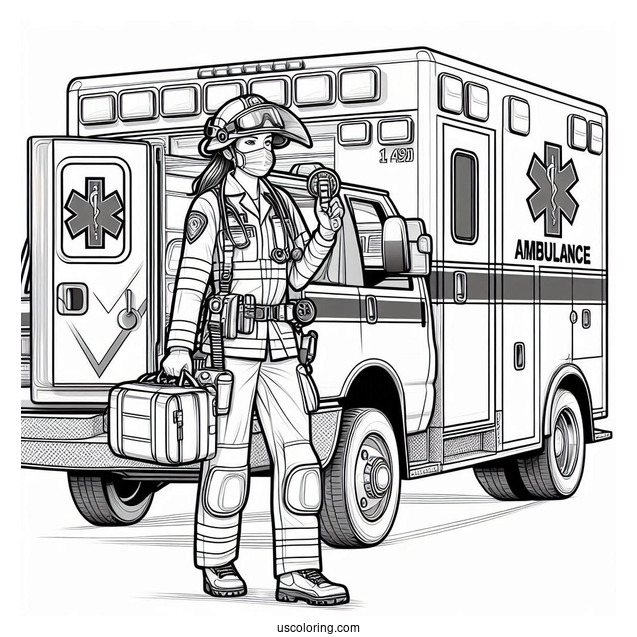 Ambulance Coloring Page Of Female Paramedic Carrying Equipment