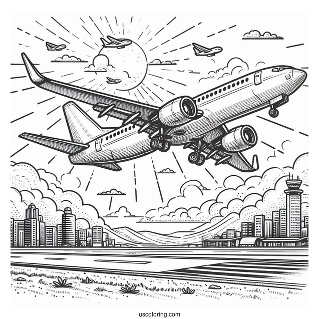Airplane Taking Off From Airport Coloring Sheet