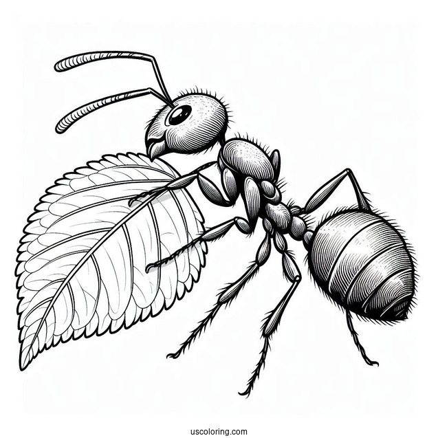 Realistic Ant Coloring Page Carrying A Leaf