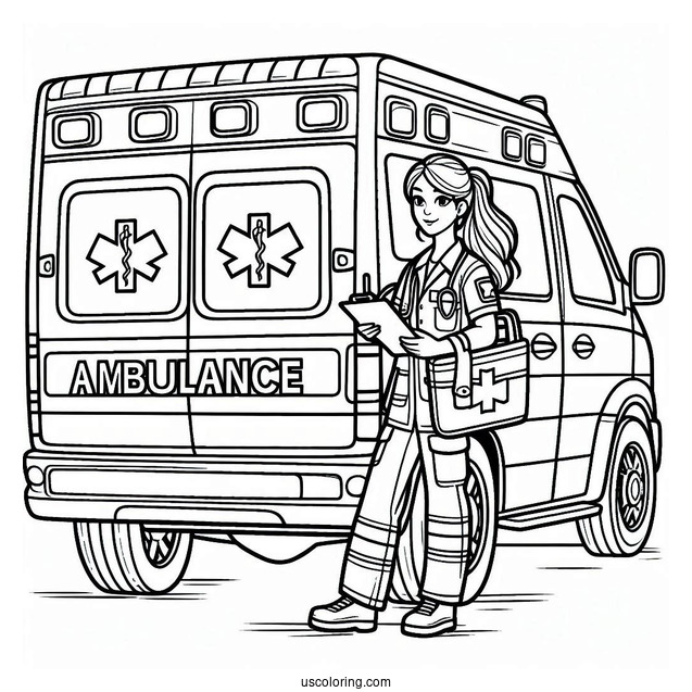Ambulance Coloring Page Of Female Paramedic Carrying Equipment