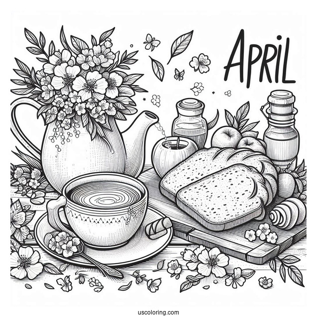 Calm April Coloring Page Morning With Tea, Bread And Flowers