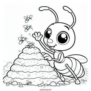 Cartoon Ant Coloring Page Waving From An Anthill