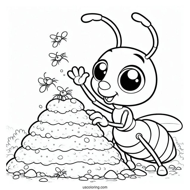 Cartoon Ant Coloring Page Waving From An Anthill