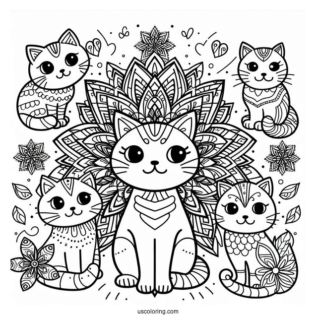 Cats Surrounding A Simple Animal Mandala Coloring Page For Kids