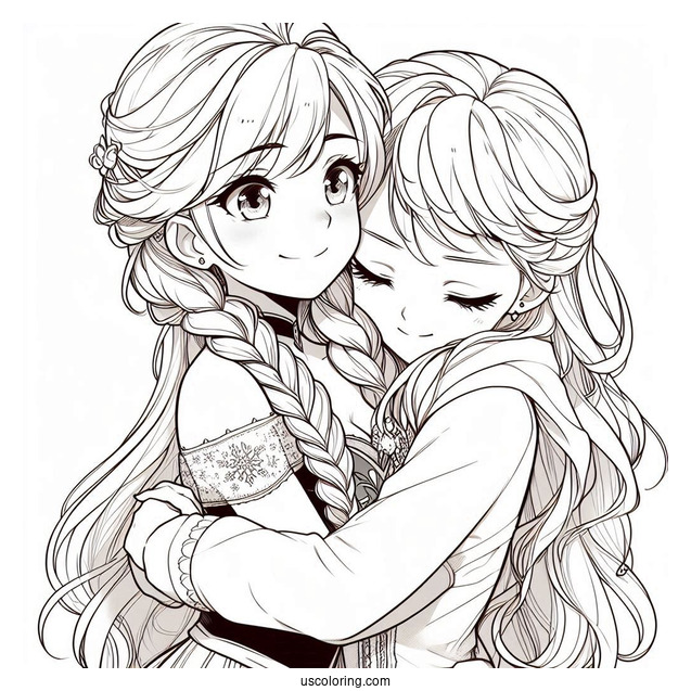 Anime Anna And Elsa Hugging Coloring Sheet For Kids
