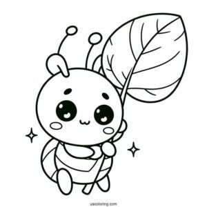 Kawaii Ant Coloring Page Holding A Leaf For Preschoolers