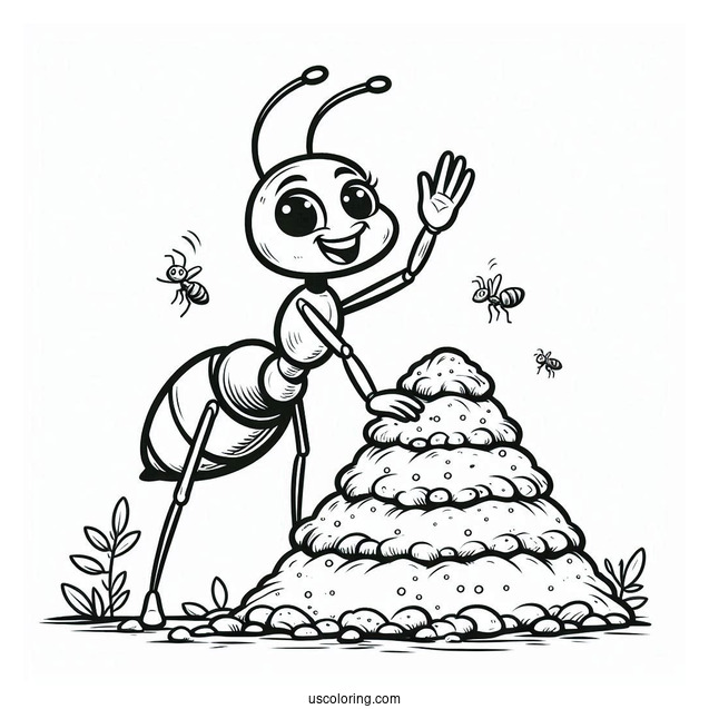 Cartoon Ant Coloring Page Waving From An Anthill