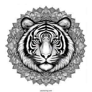 Realistic Tiger Head Inside An Animal Mandala Coloring Page