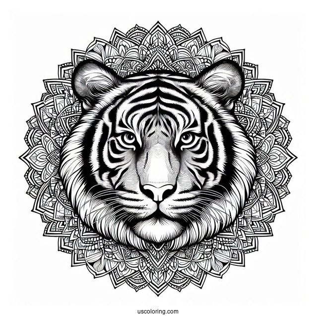 Realistic Tiger Head Inside An Animal Mandala Coloring Page