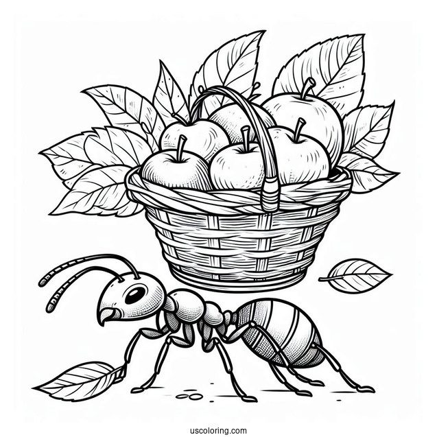 Ant Coloring Page Carrying Leaf Basket Of Fruits