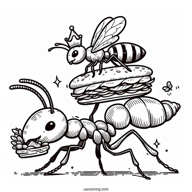 Ant Coloring Page Carrying Food With Queen Ant On Top