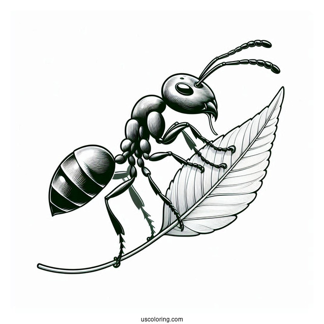 Realistic Ant Coloring Page Carrying A Leaf