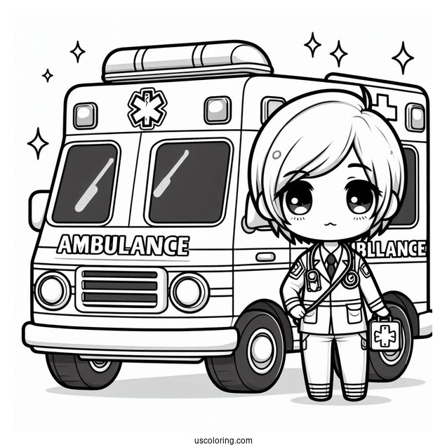 Chibi Paramedic Standing Beside An Ambulance Coloring Page