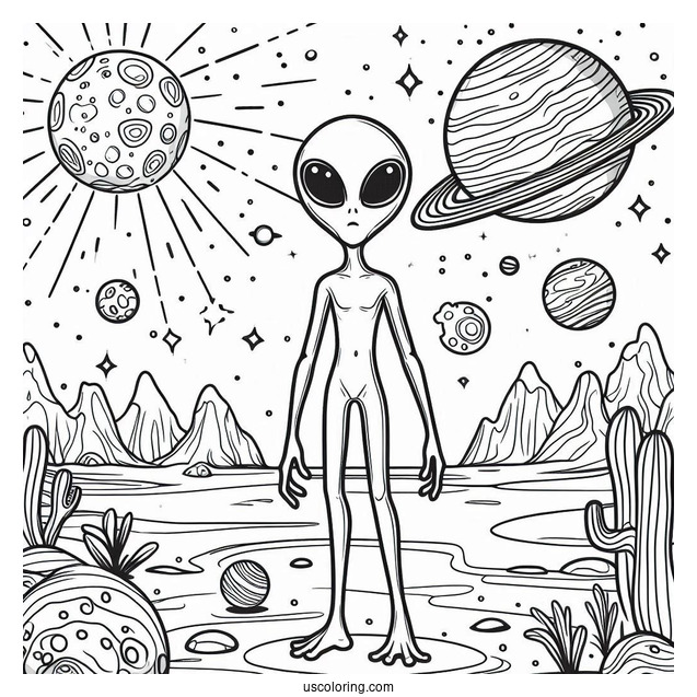 Coloring Page Of Alien On Faraway Planet