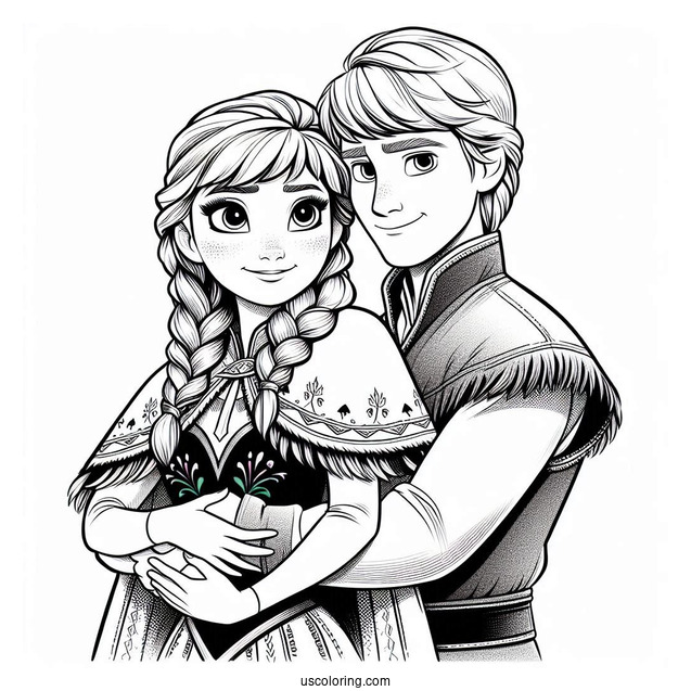 Anna And Kristoff Holding Each Other Coloring Sheet