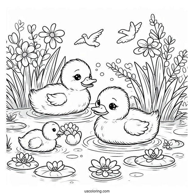 Ducklings Swimming In A Pond In April Coloring Page For Kids