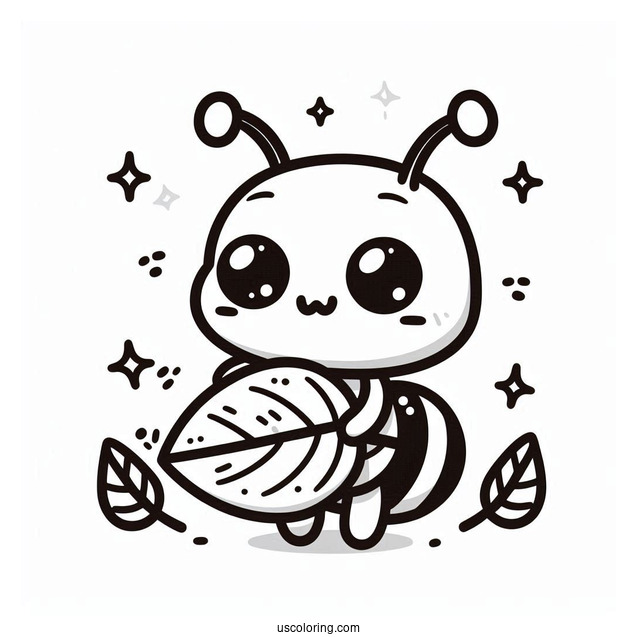 Kawaii Ant Coloring Page Holding A Leaf For Preschoolers