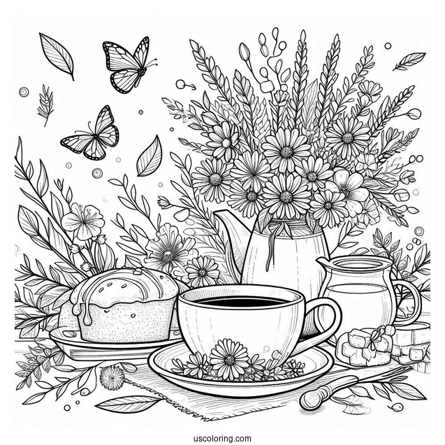 Calm April Coloring Page Morning With Tea, Bread And Flowers