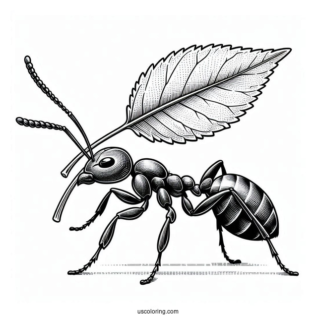 Realistic Ant Coloring Page Carrying A Leaf