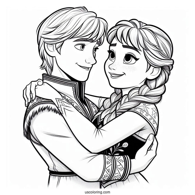 Anna And Kristoff Holding Each Other Coloring Sheet
