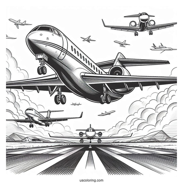 Private Jet Taking Off From Runway Coloring Page