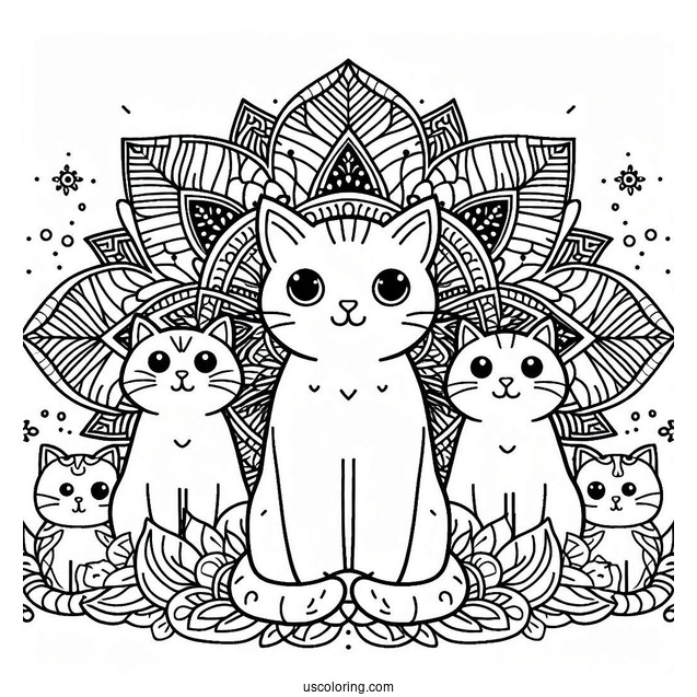 Cats Surrounding A Simple Animal Mandala Coloring Page For Kids