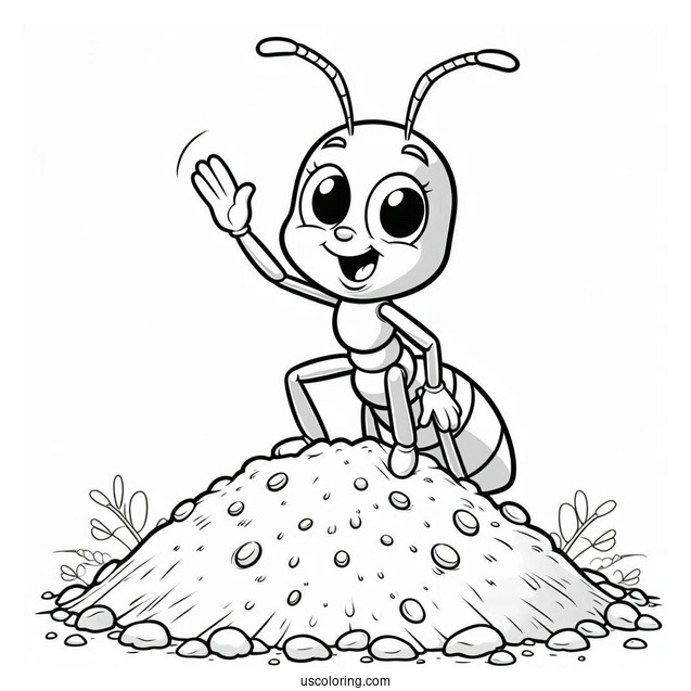 Cartoon Ant Coloring Page Waving From An Anthill