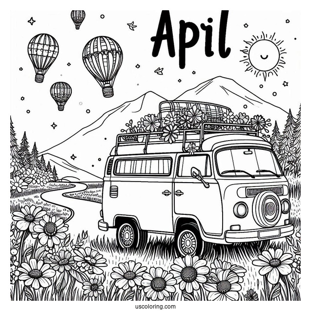 April Coloring Page Adventure Await Campervan In A Flower Field