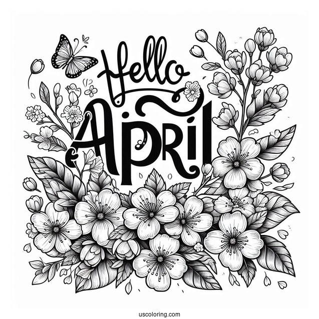 Hello April Coloring Page Words Over Blooming Flowers
